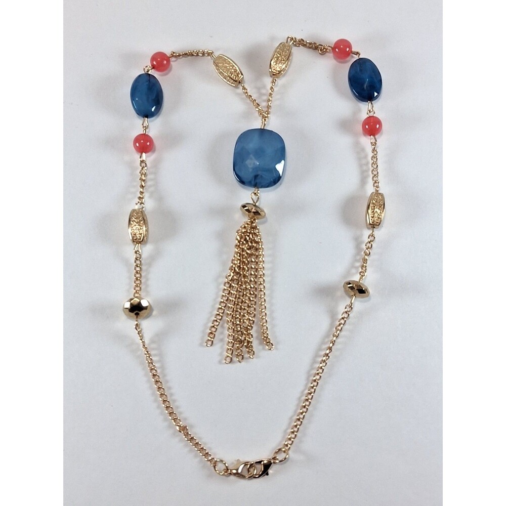 Elegant Ocean Blue & Pink Stone Necklace Gold-Tone Jewelry